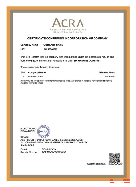 Singapore certificate of company incorporation Word and PDF template